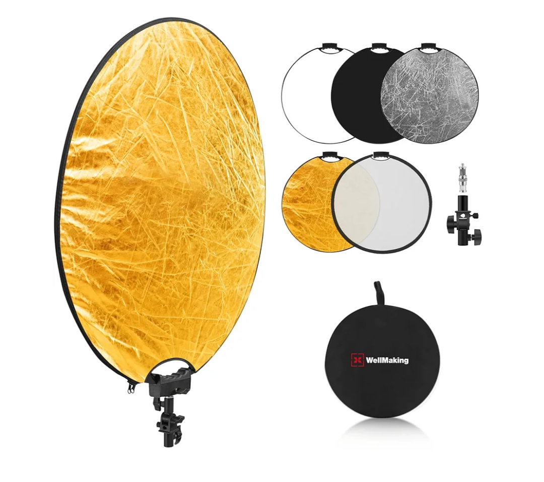 WELLMAKING 32 Inch (80cm) Reflector Photography, Collapsible Light Reflector with Threaded Handle & tilt Adapter, 5 in 1 Handle Reflector for Lighting -Translucent, Silver, Gold