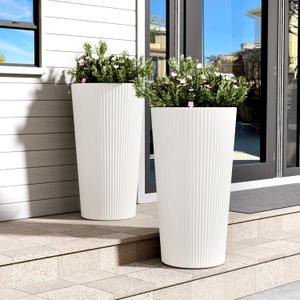 FONTOI 23.6" Tall Planter for Outdoor Plants Set of 2 Large Outdoor Plastic Striped Flower Pots, Front Porch Furniture, Garden Pots, Decorative Planters for Indoor/Outdoor, Patio, Balcony, White