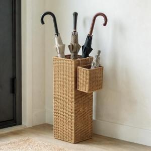 Rattan Umbrella Stand with Drip Tray,Umbrella Holder with Small Basket for Entryway, Tall Wicker Basket for Storage, Woven Organizer for Inoor, Outdoor, Home, Office, Hotel