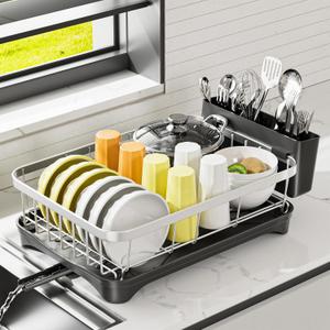 Stainless Steel Dish Drying Rack  304 Grade Dish Racks for Kitchen Counter with Utensil Holder & Adjustable Spout, Space-Saving Organizer, 16.5" x 11.8" x 5.3" Black