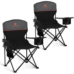 ALPHA CAMP Camping Chair 2 Pack Portable Chair with 3-Can Cooler Folding Chair with Side Pocket and Cup Holder, Collapsible for Camping, Tailgates, Beach, Fishing and Sports,2PC (Black&grey)
