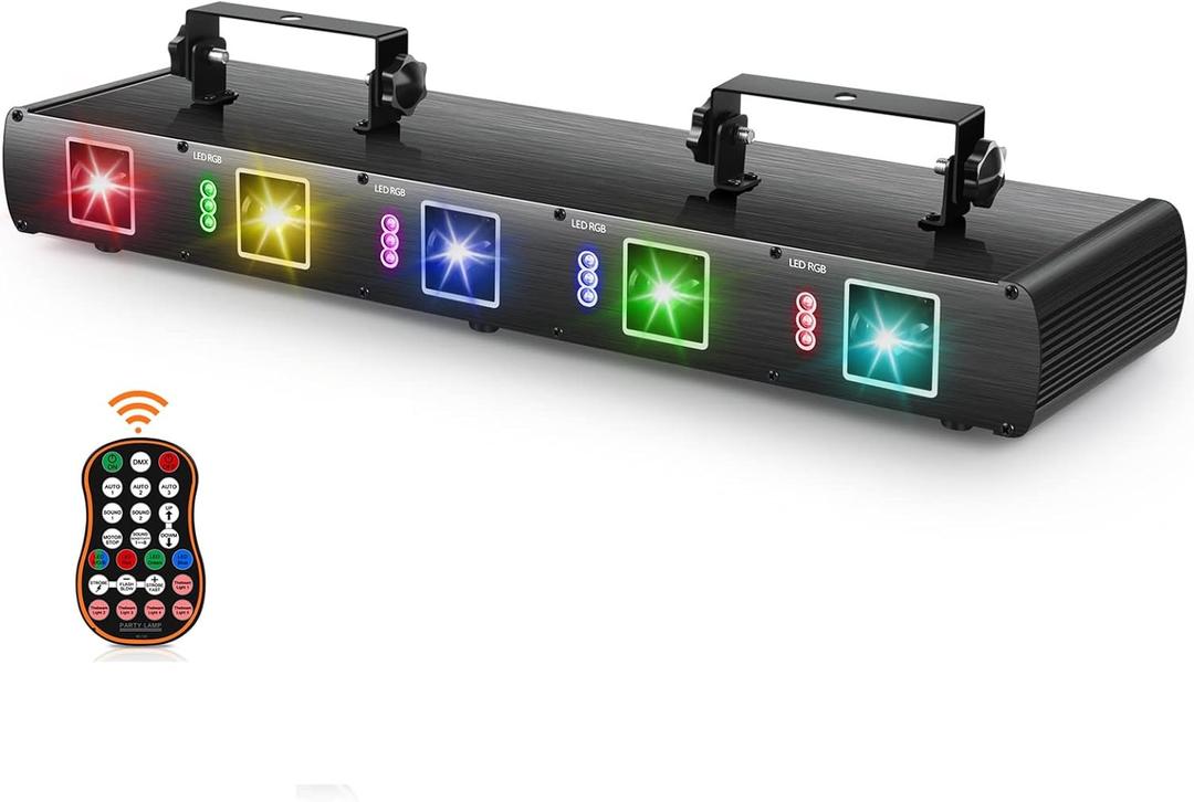 U`King Stage Laser Light, 5 Beam Sound Activated DJ Party Lights RGBYC LED Music Projector with Remote Control DMX for Dancing Birthday Bar Pub Stage ((22.6*6*2.8in))