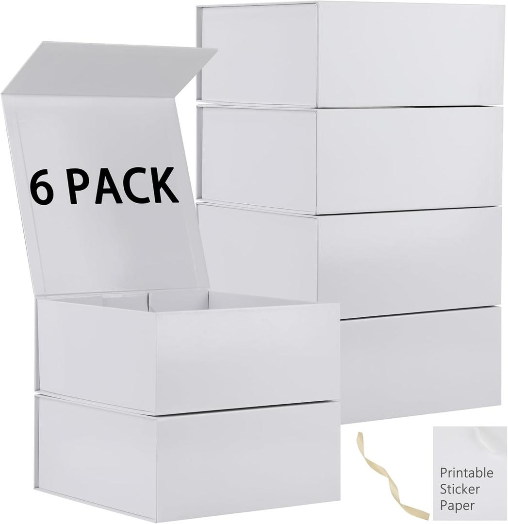 6 Pack White Gift Boxes With Lids,9x9x4 Inch Bridesmaid Proposal Box And Printable Stickers,Proposal Boxes With Ribbon For Wedding, Packaging, Present, Birthday