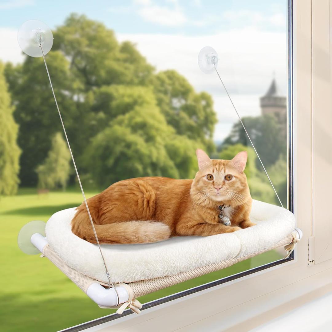 PEFUNY Fluffy Cat Window Bed for Indoor Cats  Strong Suction Cup Hammock with Breathable Mesh and Soft Cushion, Supports Large Cats