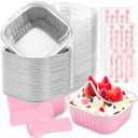 NPLUX 60 Pack Mini Cake Pans with Lids, Mini Aluminum Pans, Disposable Loaf Pans Cupcake Liners with Lids for Pudding, Souffle, Party, Wedding (Pink, 10 oz)