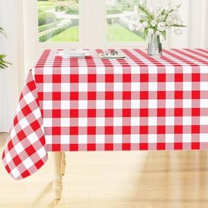 Smiry Square Table Cloth, Waterproof Vinyl Tablecloth with Flannel Backing, Wipeable Buffalo Plaid Table Cover for Picnic, Indoor and Outdoor (Red & White, 54"x54")