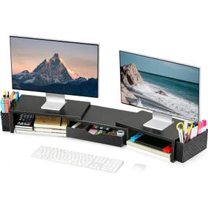 Spacrea Metal Desk Organizers and Accessories, Dual Monitor Stand Riser with Drawer and 2 Pen Holders, Book Racks, Desk Accessories & Workspace Desktop Organizers for Office Supplies (Black)