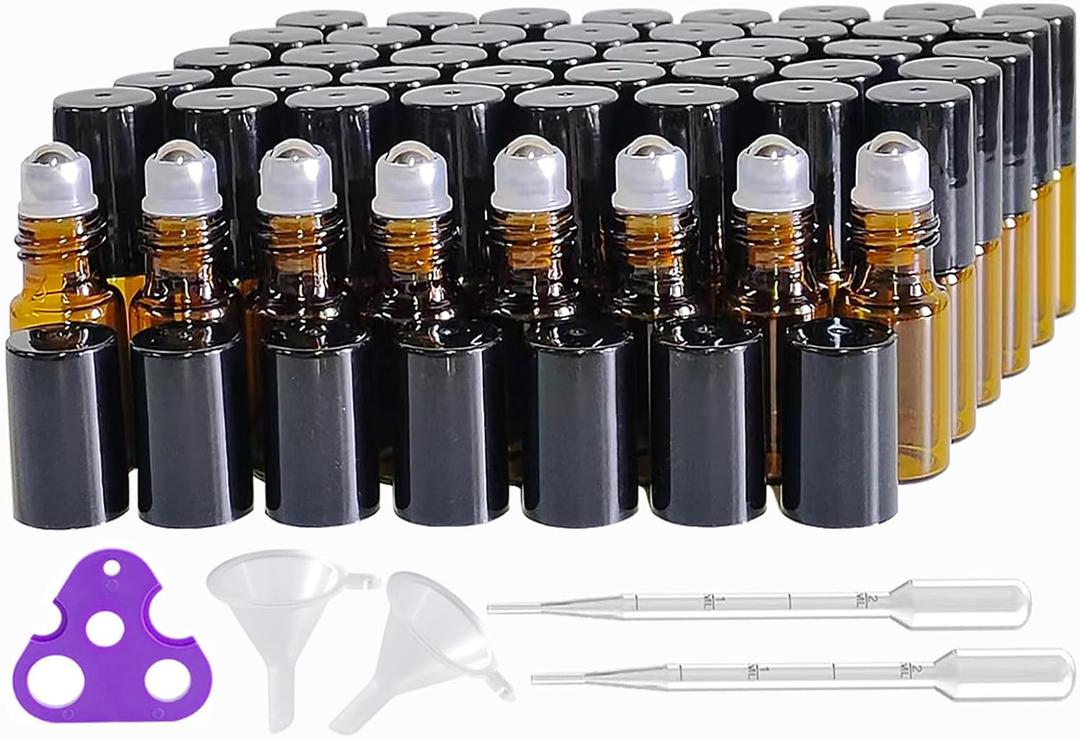 50Pcs Amber Glass Roller Bottles for Essential Oils 3ml Glass Roll on Bottles with Stainless Steel Roller Balls Mini Sample Vials Cosmetics Small Container (Amber, 3ml)