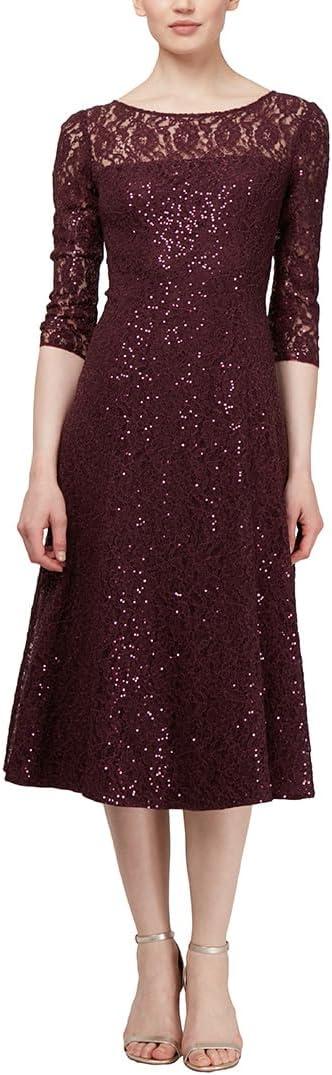 S.L. Fashions Women's Midi Length Sequin Fit and Flare Dress (Missy Petite), Lace Fig, 12