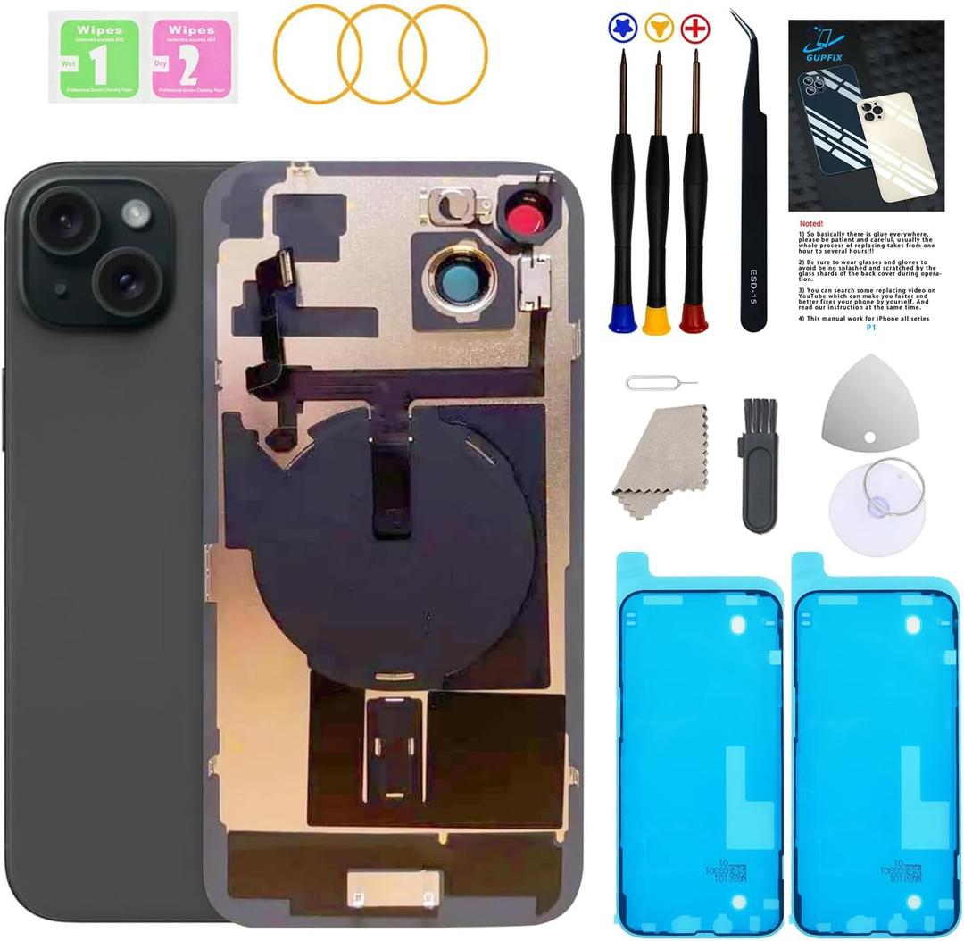 Back Glass Replacement for iPhone 15 with Repir Tools, Big Hole Rear Back Cover Glass Replacement All Carriers with Pre-Installed Adhesive and Repairing Tool Kits (Black)