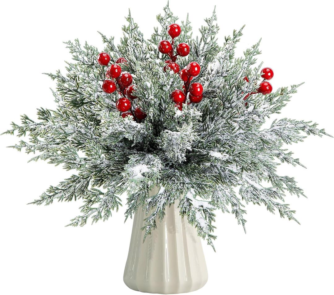 45 Pcs Artificial Christmas Snow Pine Branches with Red Berry Stems, Snowy Faux Greenery Norfolk Pine Cypress Leaves Stems, Berries White Frosted Fake Foliage Pines Needle Picks for Garland Home Decor,C Style, 45 Pcs