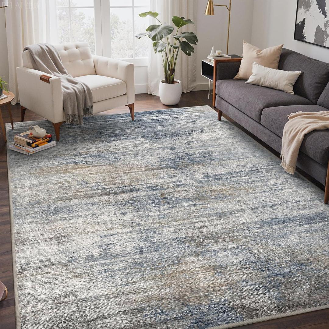 Bavni 8x10 Area Rugs, Abstract Modern Living Room Rugs, Large Machine Washable Rug Non-Slip, Soft Pet Friendly Rugs for Bedroom, Playroom, Dining Room, Blue/Light Grey