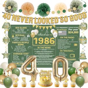 Crenics Green and Gold 40th Birthday Decorations for Men Women - Back in 1986 Backdrop, Banner, Paper Pom Poms, Hanging Swirls, Cake Topper and Balloons for 40 Birthday Party Supplies