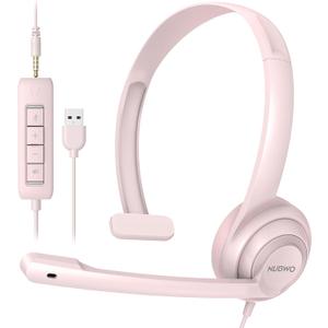 NUBWO HW02 USB Headset with Microphone Noise Cancelling &in-line Control, Ultra Comfort Computer Headphones for Laptop pc, On-Ear Wired Office Call Center Headset for Boom Skype Webinars (Pink)