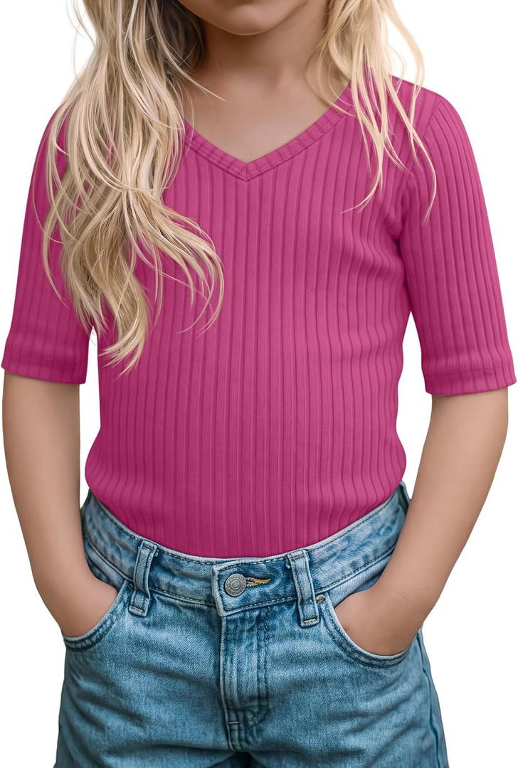 Toddler Girls Short Sleeve Shirt Cotton Ribbed Slim Fit V Neck Elbow Length Casual Soft Basic Top Kids Summer Tee (Red)