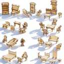 LOVEINUSA DIY Wooden Dollhouse Furniture Set, 3D Puzzle Miniature Room Accessories, Natural Wood (Medium)