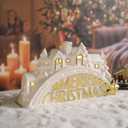Bdor Lighted Ceramic Christmas Village Decor  11" White LED House Scene with Golden Merry Christmas Sign  Battery Operated Holiday Tabletop Decoration for Mantel, Shelf, or Window