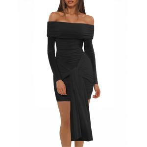 Ophestin Off The Shoulder Mesh Dress Long Sleeve Ruched Bodycon Dress for Women Tie Waist Dresses, Size M