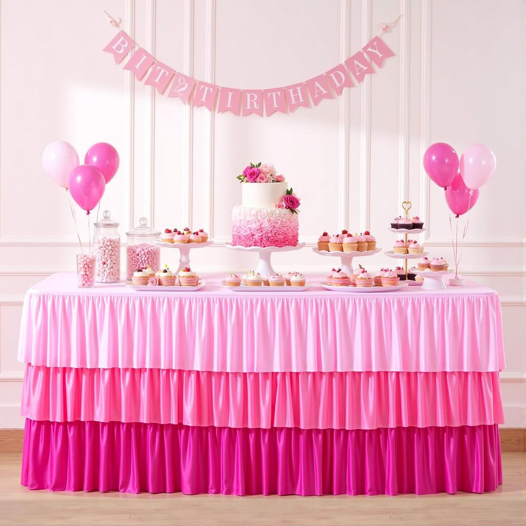 Pink Tablecloths for 6 foot Rectangle Tables 6ft Pastel Gradient Pink Table Cloths for Parties Ruffle Spandex Table Cover with Skirt for Baby Shower Girls Unicorn Birthday Party Dessert Banquet Buffet
