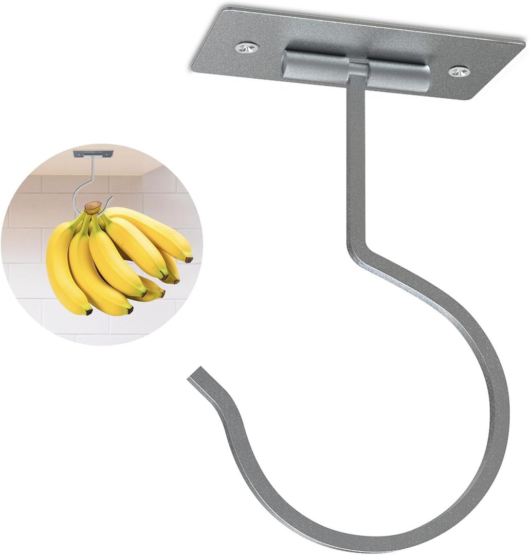 Self Adhesive Banana Hook Under Cabinet Foldable Banana Hanger Metal Under Counter Banana Hook to Keep Bananas Fresh Banana Holder for Kitchen RV Space Saving, Silver