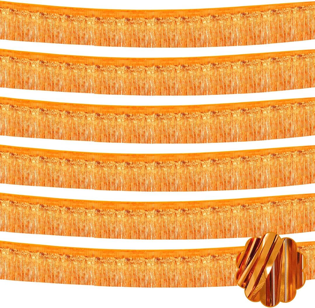 6 Pack 10 Feet Foil Fringe Garland Metallic Tinsel Streamers Banner Wall Hanging Curtain Backdrop Banner for Parade Floats, Valentine's Day, Wedding, Birthday, Mardi Gras Party Decorations(Orange)