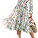 Glamaker Women's Short Sleeve Smocked Square Neck A Line Summer Flowy Maxi Long Dress Large, Multicoloured