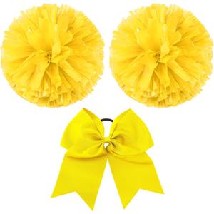 Hanaive 3 Pcs Cheerleading Pom Poms and Large Cheerleader Hair Bow Metallic Cheer Supplies for Team Spirit Sports Dance Cheering (Yellow)