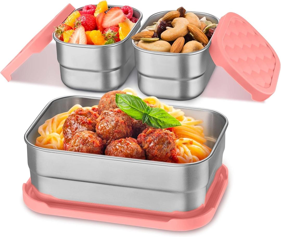 Homikit 3 Pack Kids Lunch Box Set, 18/10 Stainless Steel Bento Boxes with Silicone Lids Leak Proof, 5 Cups Reusable Metal Food Snack Containers for School Daycare, Nontoxic & Dishwasher Safe, Pink (Medium)