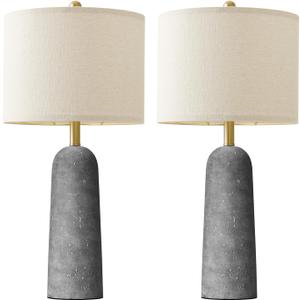 BOBOMOMO 27.25" Travertine Lamp Set of 2, Modern Lamps for Living Room with Linen Shades, Gray Resin Table Lamp with Natural Stone Look, Nightstand Lamp for Bedroom, Living Room, Entryway