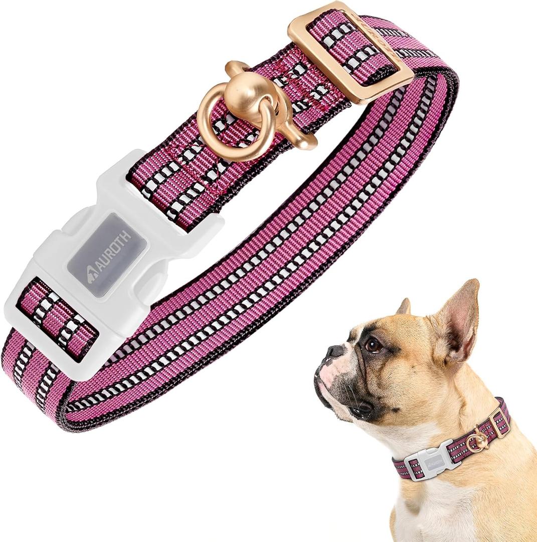Auroth Dog Collar for Medium Large Dogs, Reflective Dog Collar, Soft Nylon Adjustable Dog Collars with Heavy Duty Metal D Ring Tangle Free (Medium:12"-19.6", Pink)
