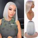 Belaved Bob Wig Human Hair Grey 13x4 HD Lace Front Middle Part Glueless Grey Silver Short Lace Frontal Bob Wig for Women Blunt Cut Bob Wig Plucked with Baby Hair Natural Hairline 14 Inch