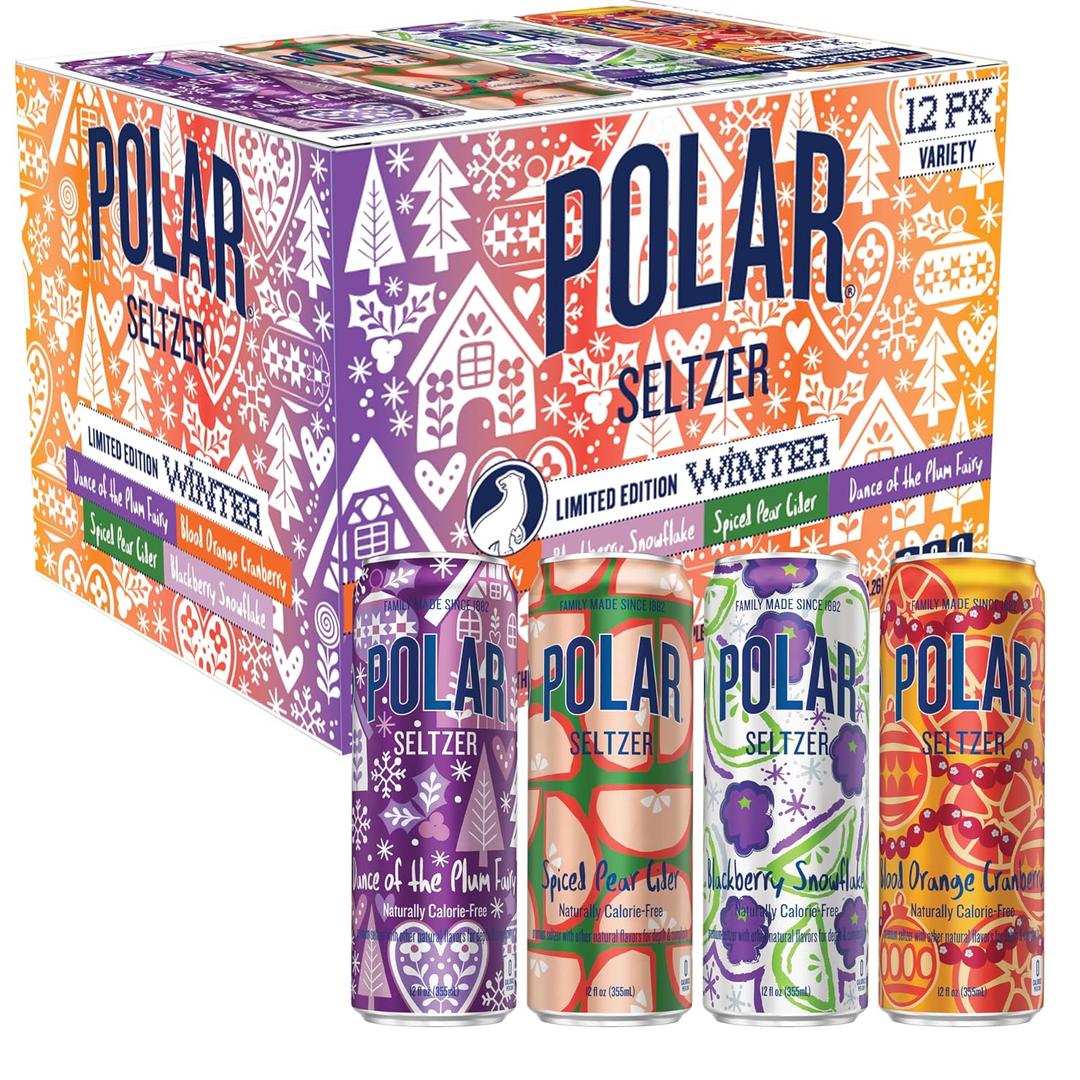 Polar Seltzer Limited Edition Winter Sparkling Water Variety Pack, 12 fl oz Cans, 12 Pack, Seasonal Flavors of Blackberry Snowflake, Dance of the Plum Fairy, Blood Orange Cranberry & Spiced Pear Cider (EXP 03/18/27)