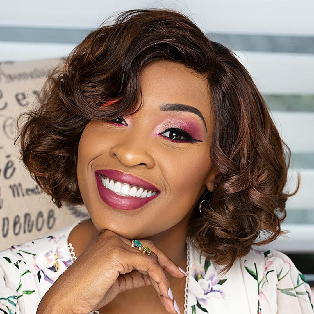 Quantum Love Short Curly Bob Wigs Loose Wave Side Part Wig for Black Women Short Body Wave Bob Synthetic Wig (Ombre Brown 10 inches) (12 Inch, Mix Brown)
