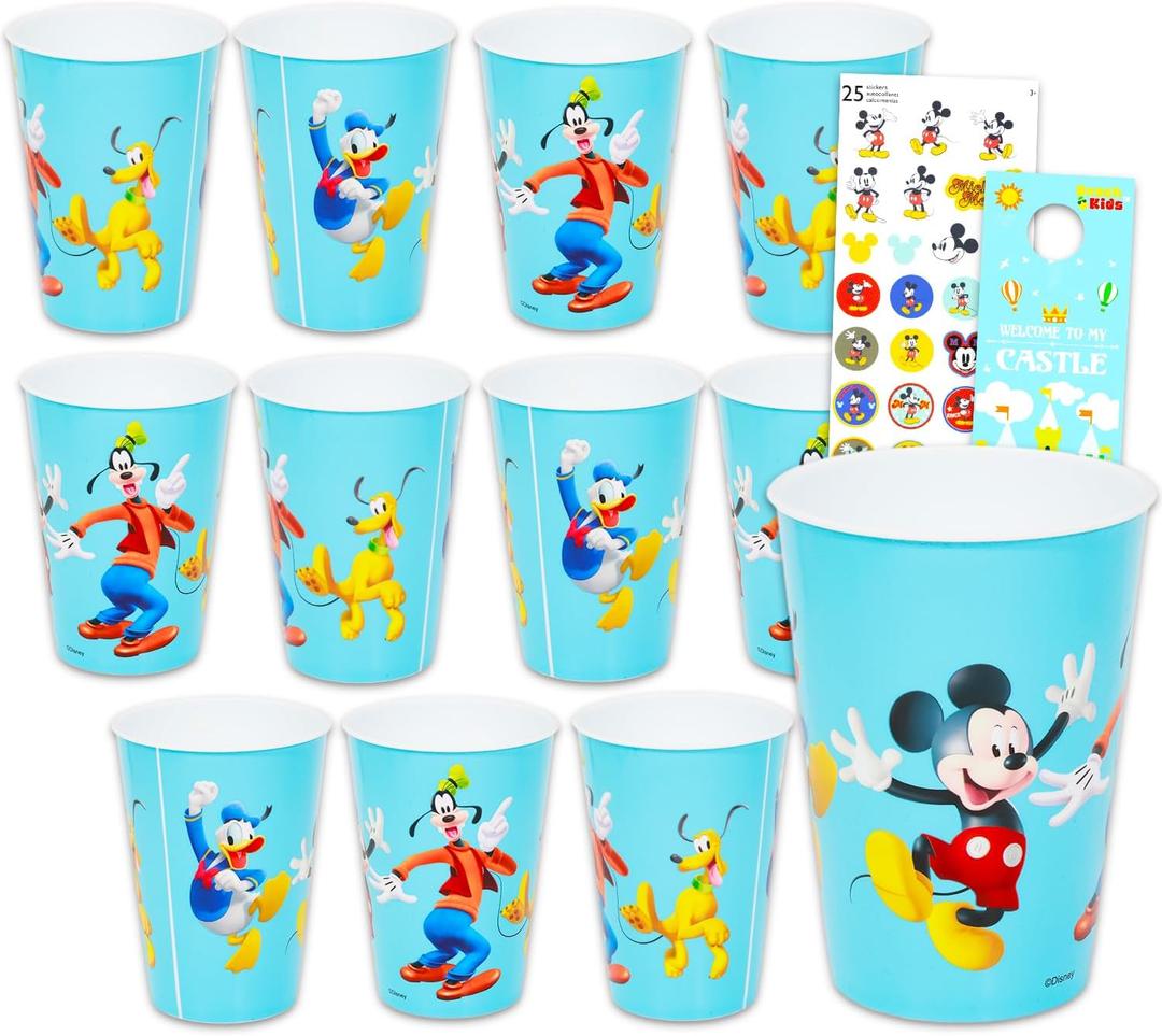 Disney Mickey Mouse and Friends Reusable Tumbler Cup 12 Pack - Party Favor Bundle of 15 Oz Cups Plus Stickers, More | Mickey Mouse Water Tumblers Set