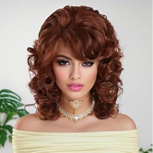 GNIMEGIL Shoulder Length Wigs For Women Auburn Curly Wig With Bangs Loose Wavy Hair Wigs Big Bouncy Fluffy Synthetic Hair For Reba Mcentire Cosplay Carnival Party Costume Daily Wear