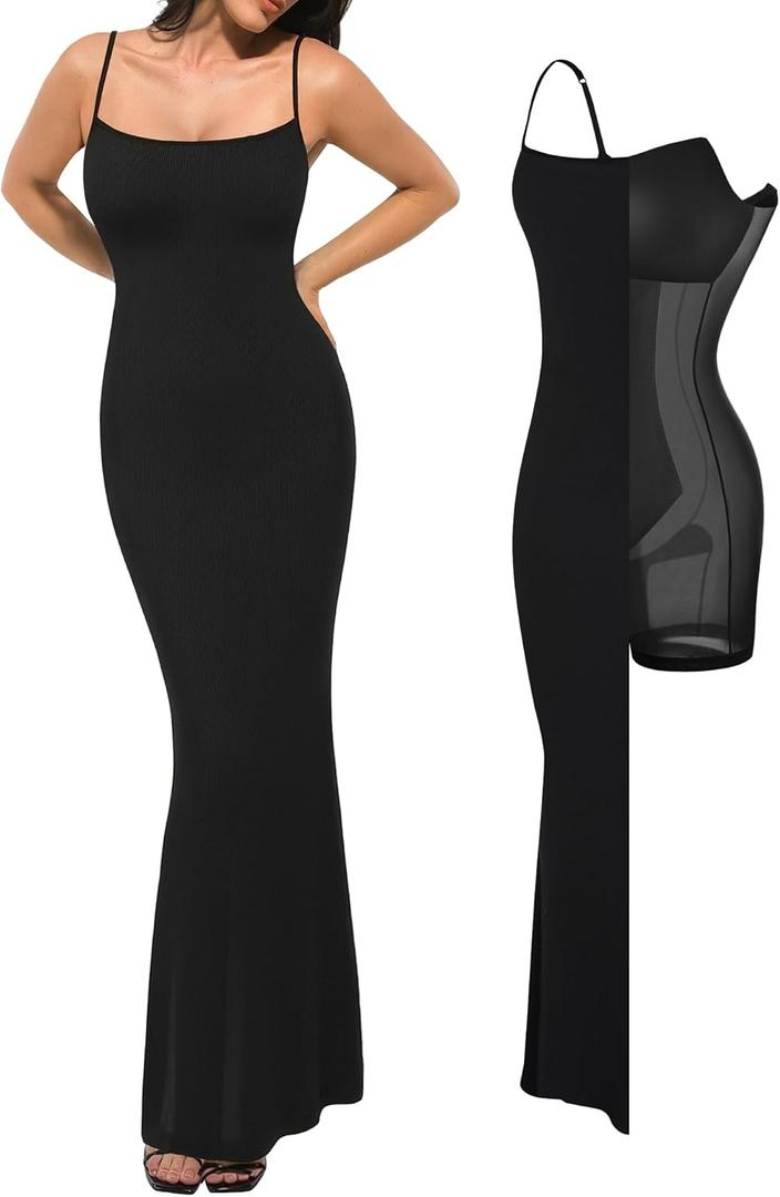 Popilush Bodycon Dresses for Women Shapewear Tummy Control Maxi Dress Built in Bra Spaghetti Strap Formal Party Summer (3X-Large, Black)