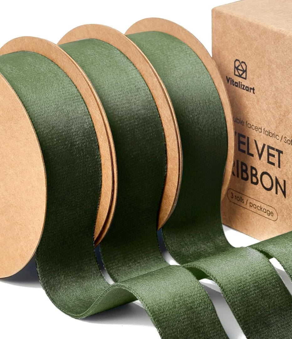 Vitalizart Green Velvet Ribbon Set 1 Inch Double Faced Ribbon for Christmas Ornaments Gift Wrapping 15 Yards Wreath Decoration Bows Making Holiday Crafts