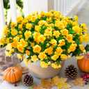 Artificial Fake Flowers Plants for Fall Outdoor Outside Decor, Faux Silk Yellow Camellia UV Resistant Realistic for Planter Front Door Porch Patio Balcony Decoration, 3 Large Bundles