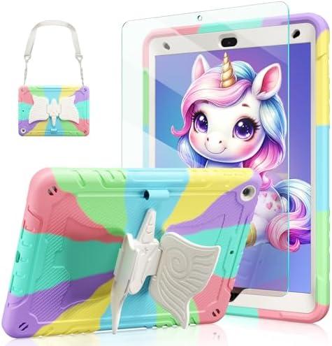 Ambison Case for iPad 9th/8th/7th Generation 10.2 inch with Glass Screen Protector,Rugged Shockproof Protective Cover for Kids Girls Unicorn Stand,Shoulder Strap for iPad 2021/2020/2019-Multipurple