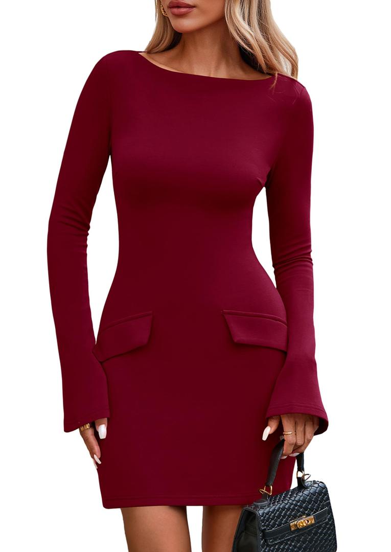 PRETTYGARDEN Womens Fall Long Sleeve Mini Dress 2025 Trendy Boat Neck Bodycon Knit Elegant Short Party Formal Dresses (Red,XX-Large)