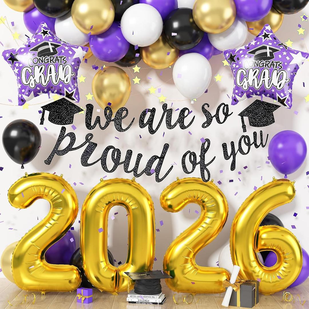 2026 Graduation Decorations Purple and Gold, Congrats Grad Balloons Kit with Metallic Gold Purple White Balloons, We Are So Proud of You Banner, 2026 Foil Star Balloon for Graduation Party Supplies