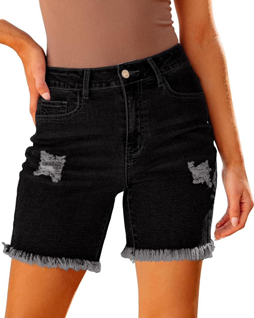 Luvamia Jean Shorts for Women High Waisted Trendy Casual Distressed Stretchy Denim Long Shorts Ripped Raw Hem Shorts (X-Large, Washed Black)