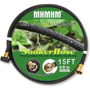 5/8" Soaker Hose for Garden Drip Hose Irrigation System with Solid Brass Fitting for Lawns Flower Beds & Vegetable Gardens (15FT)