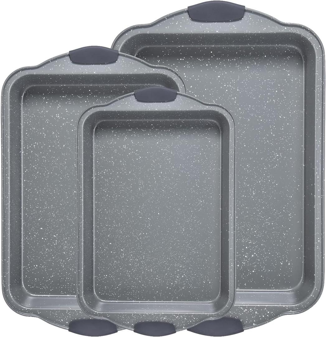 Anveena 3-Piece Nonstick Kitchen Oven Baking Pans - Premium & Stylish Non-Stick Steel, Commercial Grade Restaurant Quality Metal Bakeware with Red Silicone Handles - Easy to Clean gray