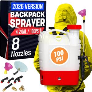 Battery Powered Backpack Sprayer - 4.2 Gallon, 8 Nozzles, 100PSI Cutoff, Long Battery Life, Wide Mouth, High-Pressure Spray Hose, Trigger Lock, Pressure Knob Controller
