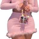 Women Sexy 2 Piece Outfits Rave Tie-up Feather Trim Fur Long Sleeve Cardigan Deep V Blouse (Large, Pink)