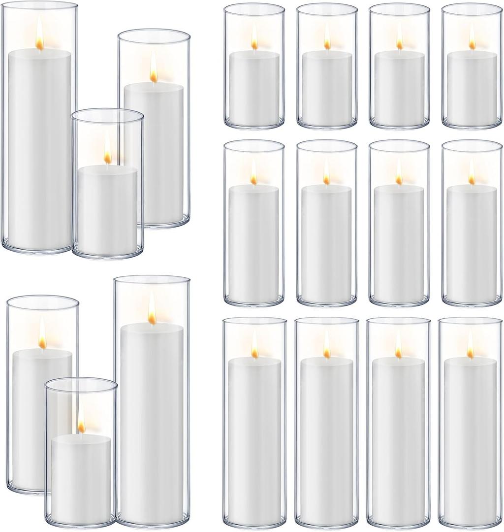 Homjoy 36 PCS White Pillar Candles with Glass Candle Holders Clear Hurricane Candle Holders Glass Cylinder Vases for Centerpieces Wedding Party, Event, Home Office (18 Candles+18 Candle Hoders)