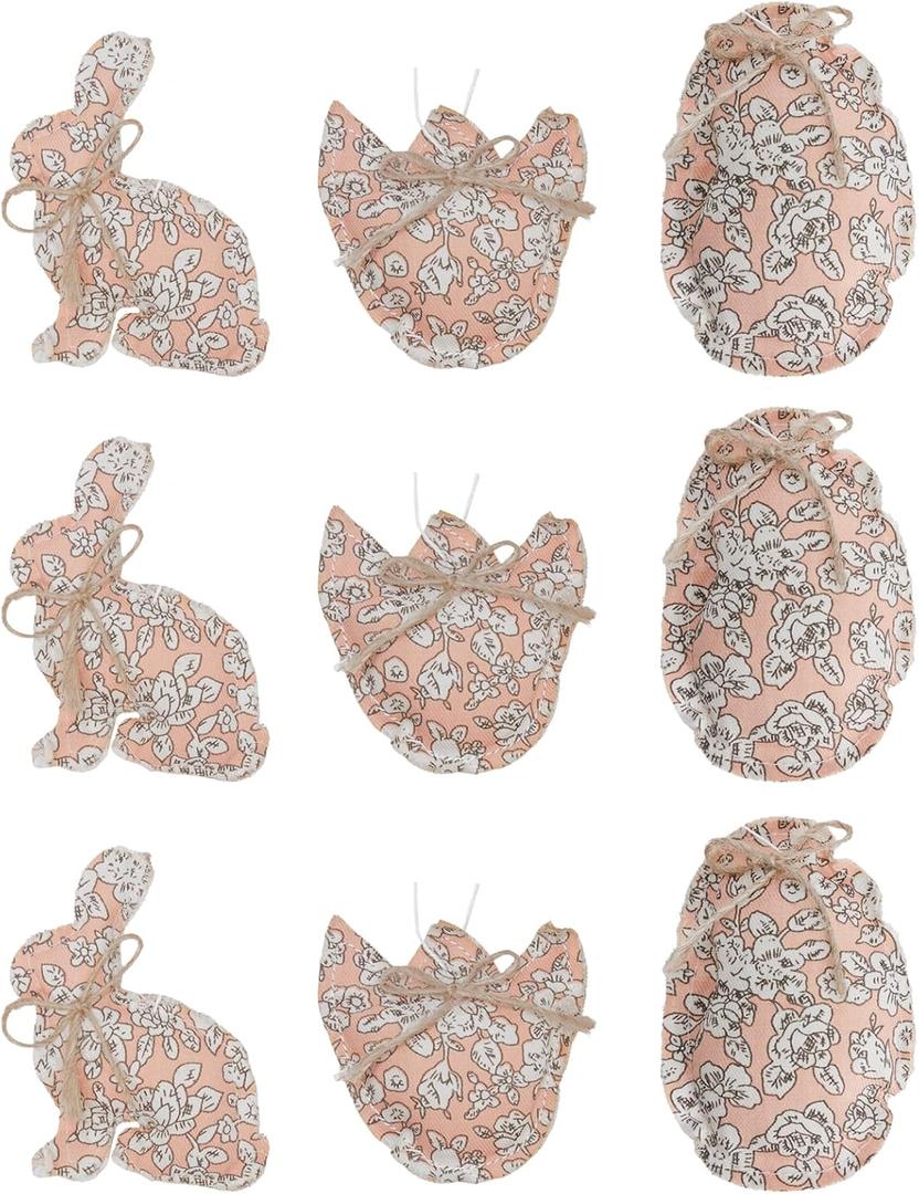 WDS WONDROUS Pink 9-Piece Easter Hanging Ornaments Set, Fabric Floral Bunny Egg & Cracked Egg with Jute Bow, Spring Home Decor for Wall Door Tree Table, Rustic Farmhouse Cottagecore Gift (Pink and Green)