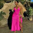 Womens Summer 2 Piece Maxi Skirt Sets Sexy Halter V Neck Backless Thong Bodysuits Wrap Beach Cover Ups Vacation Outfits (Pink, L)
