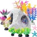 COMSUN 12 PCS Aquarium Decoration Cave Set, Ceramic Fish Tank Hideaway Rock Accessories, Colorful Plastic Aquarium Plants & Resin Starfish, Small Fish Tank Ornaments for Pet Fish to Hideout and Rest
